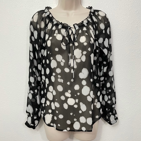 Sam Edelman Blouse Sheer Graphic Play Black White XS Spots Dots Professional - Picture 6 of 6